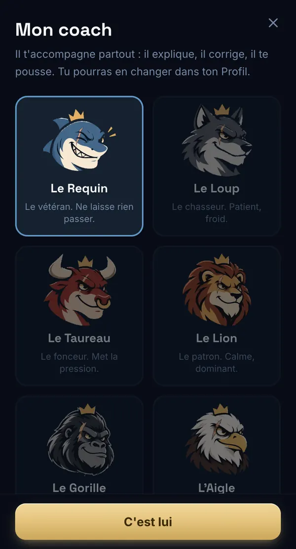 Parcours Poker — Mon coach : le Requin, le Loup, le Taureau, le Lion, le Gorille et l'Aigle