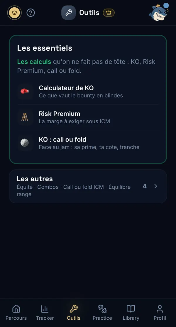 Parcours Poker — l'accueil des Outils : équité, combos, KO, Risk Premium