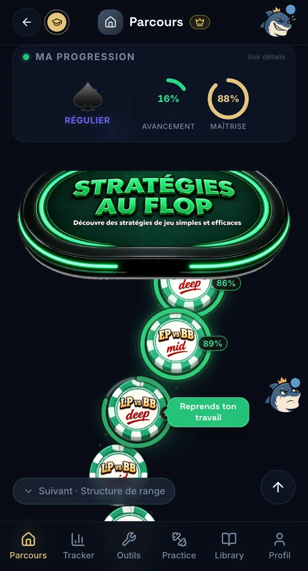Parcours Poker — le Parcours : ma progression (rang, avancement, maîtrise) et les jetons du chapitre Stratégies au flop